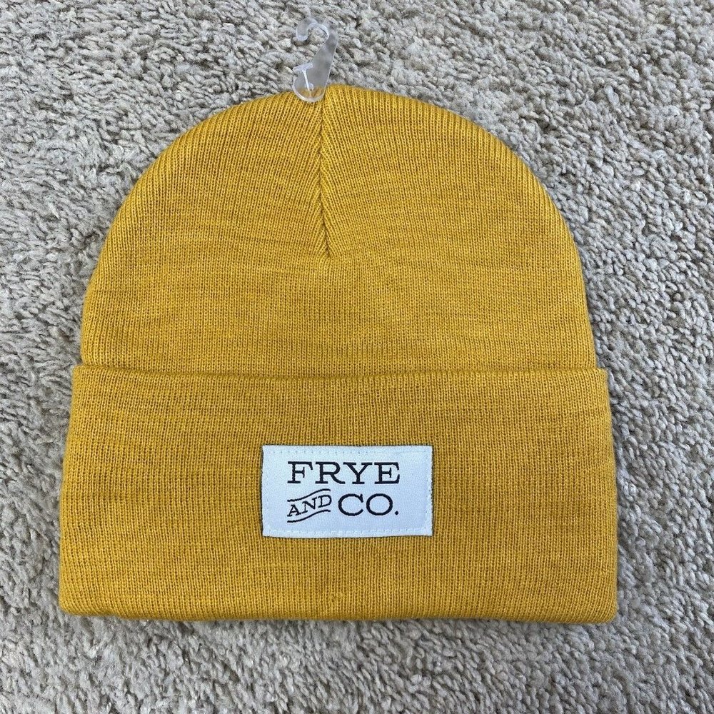 Frye And Co Hat Beanie Unisex Size OS Cuff Logo Patch Yellow‎ Gold Winter Modern